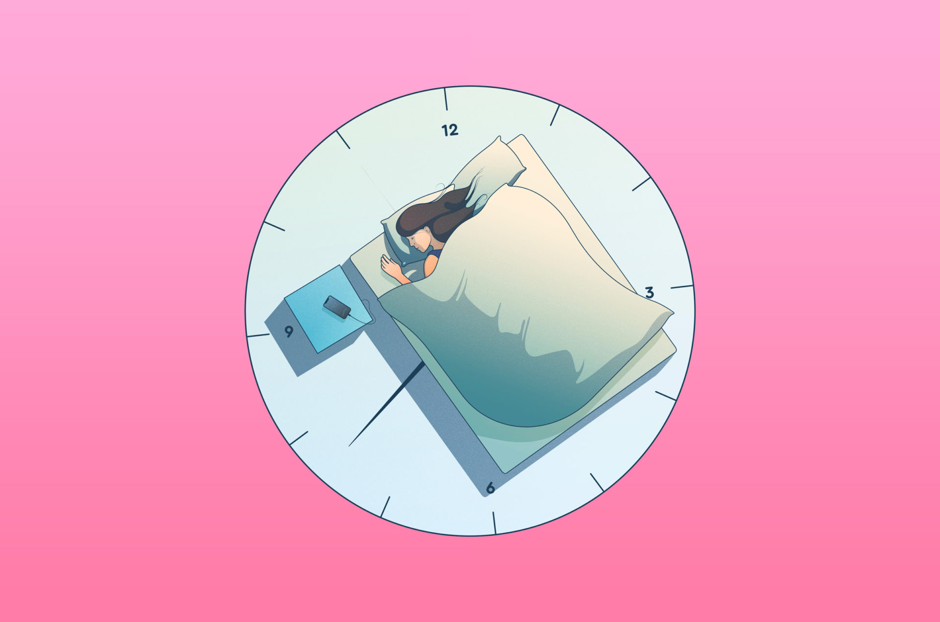 visual showing a women sleeping on a clock - representing how much sleep we need