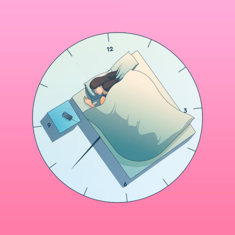visual showing a women sleeping on a clock - representing how much sleep we need