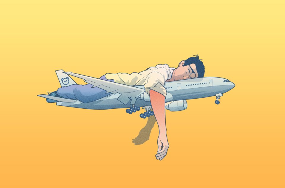 visual showing a traveler trying to beat jet lag