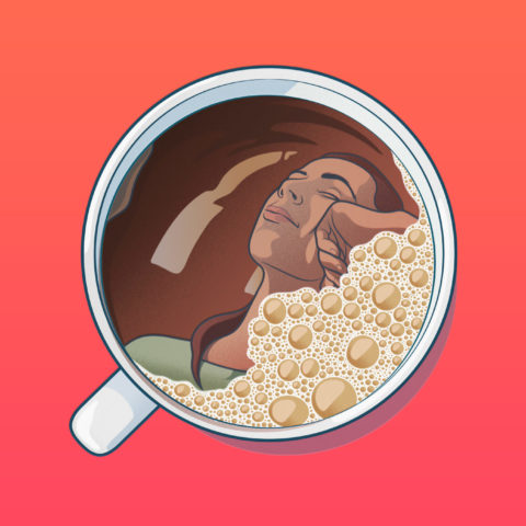 visual of a cup of coffee reflecting a sleepy woman
