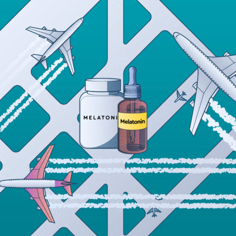 visual showing melatonin jars and planes (representing jet lag)