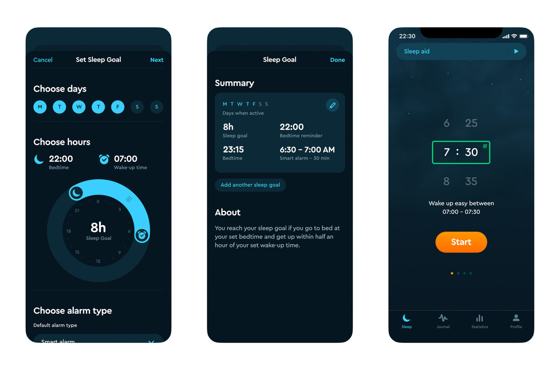 Screenshots of the Sleep Goal feature in the Sleep Cycle app. 