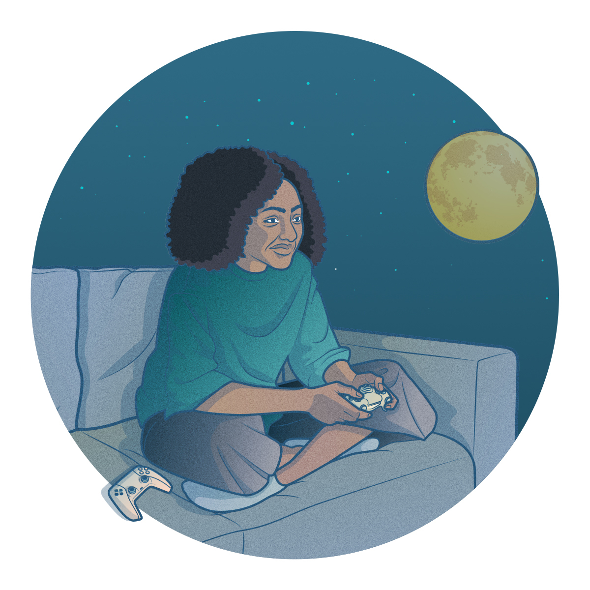 visual of a woman playing video games at night.